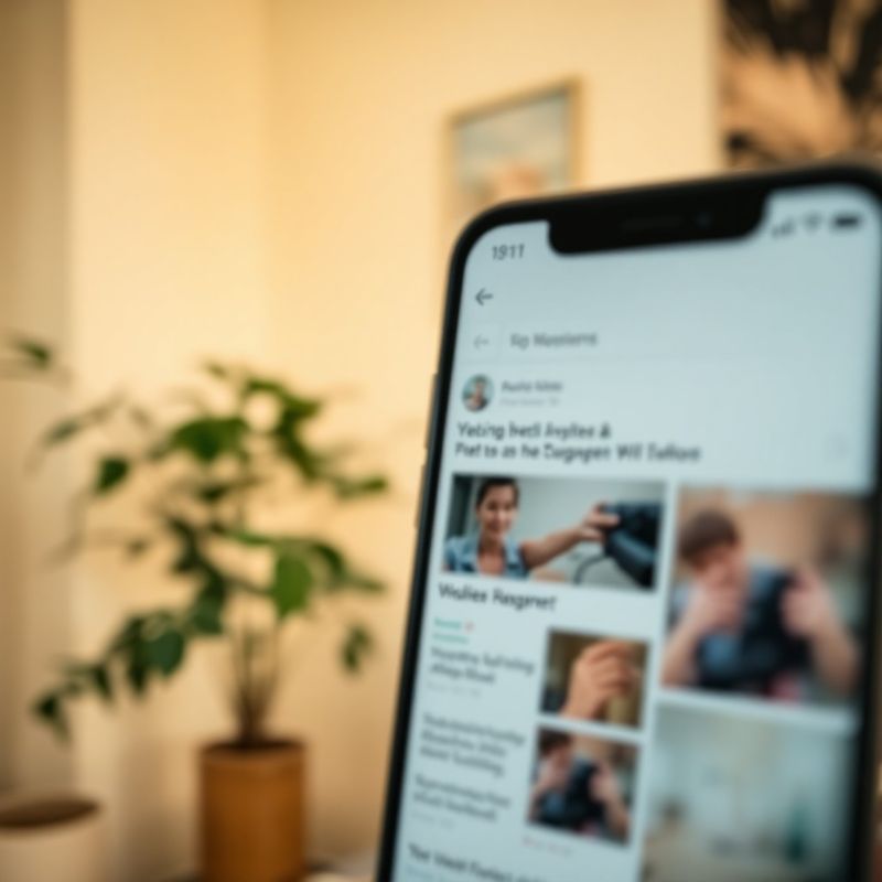 Ecran de telefon cu un flux de știri, în prim-plan, lumină naturală caldă