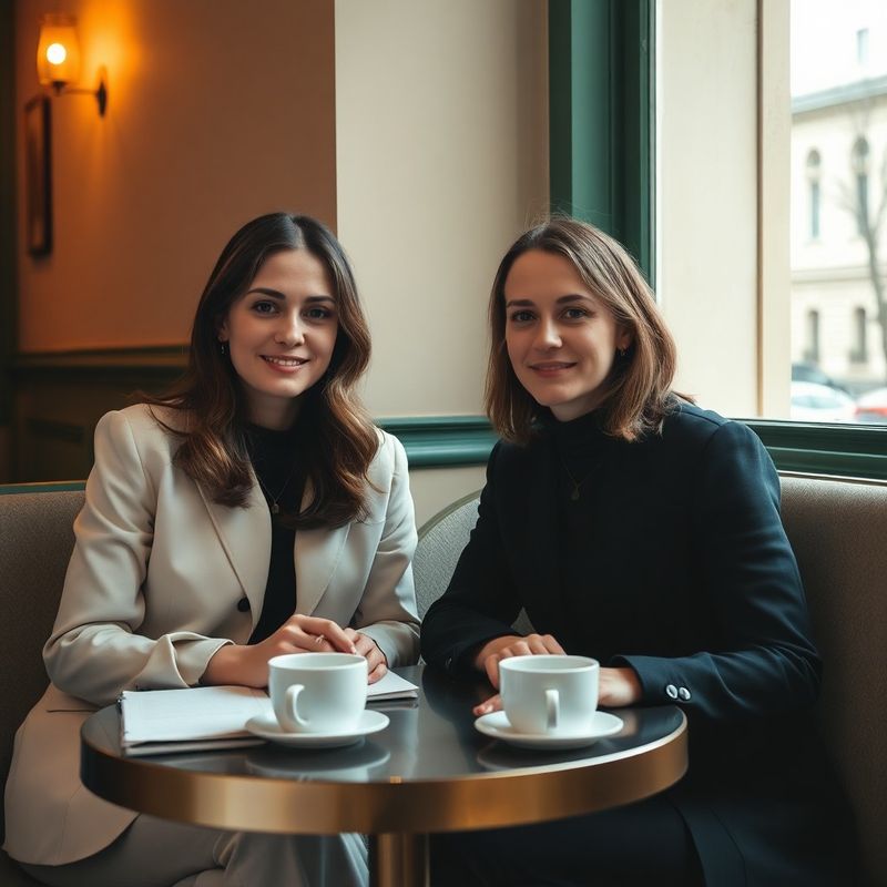 Doi colegi la o masă mică de cafenea, cu carnete și căni de cafea, lumină naturală